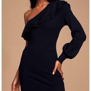 Black ruffled off shoulder bodycon sweater dress